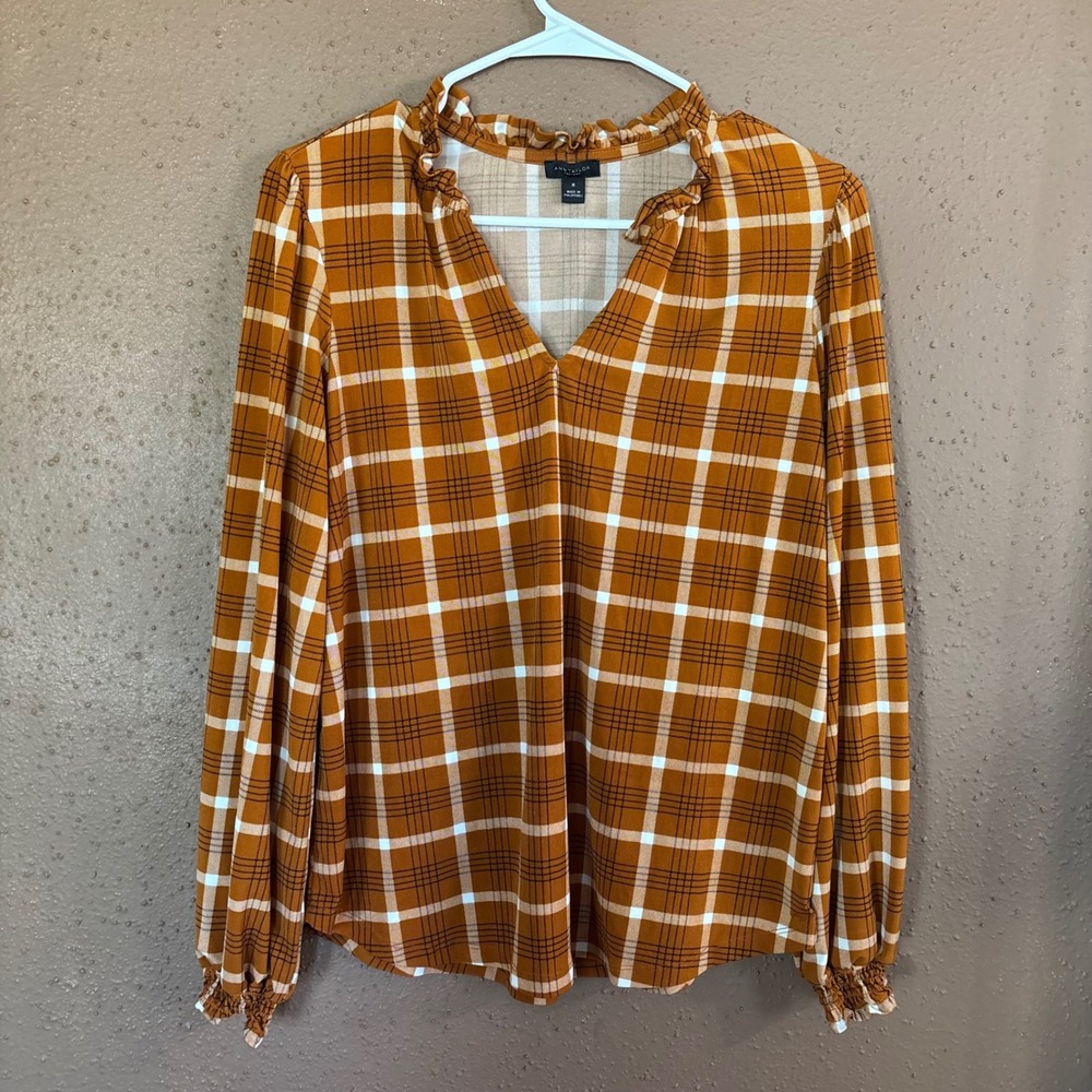 Ann Taylor Factory Burnt Orange Plaid Ruffle Neck Blouse Smocked Cuff Top Medium